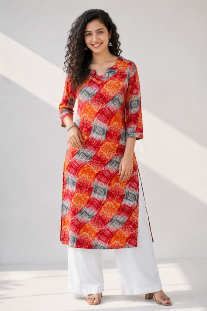 Red Orange Bandhani Print Below Knee Length Kurti | Three-Fourth Sleeve Straight Kurta for Women