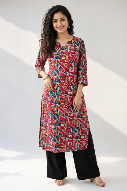 Multicolor Bandage Print Below Knee Length Kurti | Three-Fourth Sleeve Straight Kurta for Women