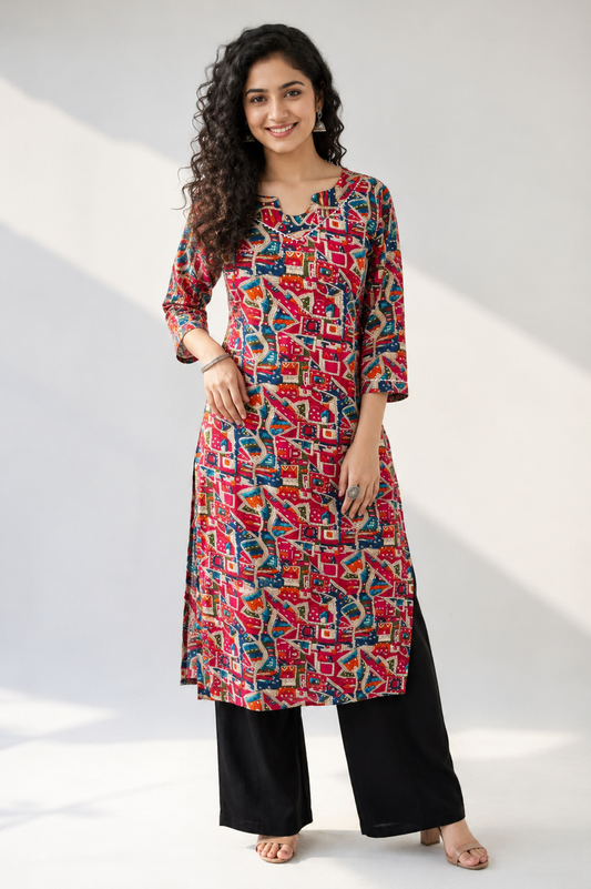 Multicolor Bandage Print Below Knee Length Kurti | Three-Fourth Sleeve Straight Kurta for Women
