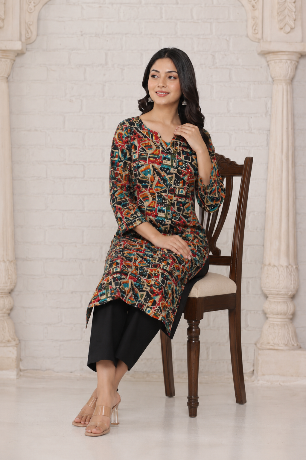 Black Multicolor Abstract Bandage Print Below Knee Length Kurti | Three-Fourth Sleeve Straight Kurta for Women