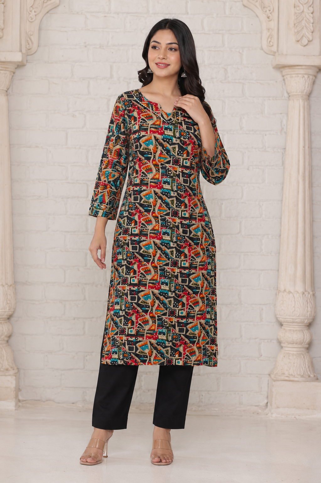 Black Multicolor Abstract Bandage Print Below Knee Length Kurti | Three-Fourth Sleeve Straight Kurta for Women