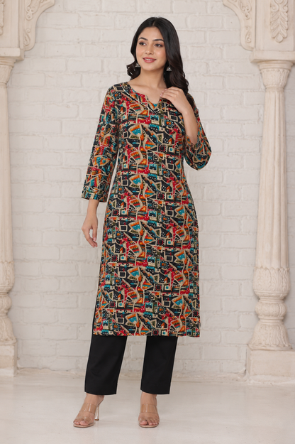 Black Multicolor Abstract Bandage Print Below Knee Length Kurti | Three-Fourth Sleeve Straight Kurta for Women