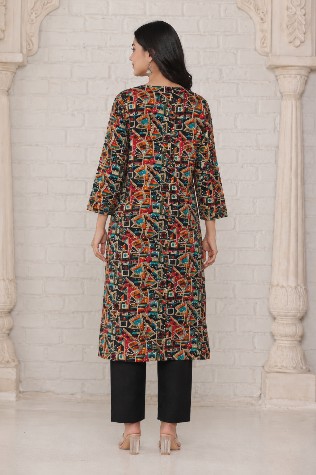Black Multicolor Abstract Bandage Print Below Knee Length Kurti | Three-Fourth Sleeve Straight Kurta for Women