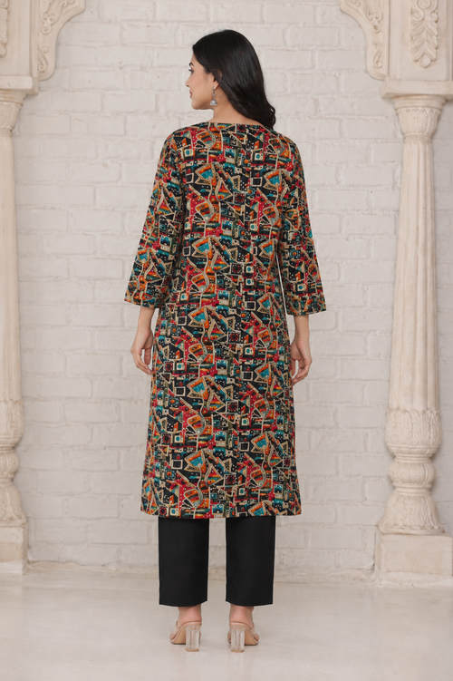 Black Multicolor Abstract Bandage Print Below Knee Length Kurti | Three-Fourth Sleeve Straight Kurta for Women