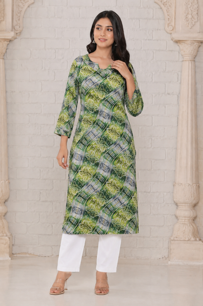 Green Bandhani Print Below Knee Length Kurti | Three-Fourth Sleeve Straight Kurta for Women