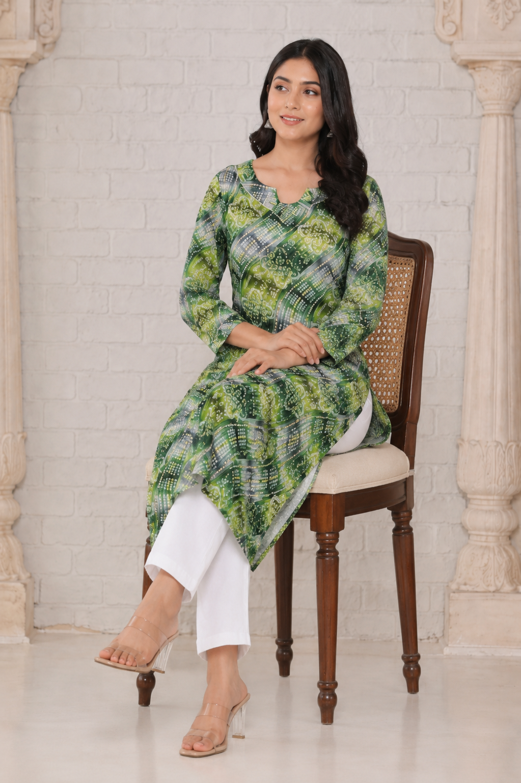 Green Bandhani Print Below Knee Length Kurti | Three-Fourth Sleeve Straight Kurta for Women