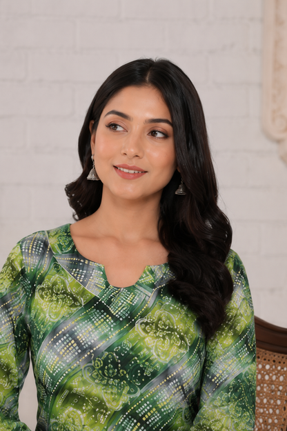 Green Bandhani Print Below Knee Length Kurti | Three-Fourth Sleeve Straight Kurta for Women