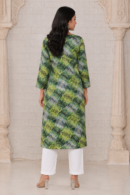 Green Bandhani Print Below Knee Length Kurti | Three-Fourth Sleeve Straight Kurta for Women