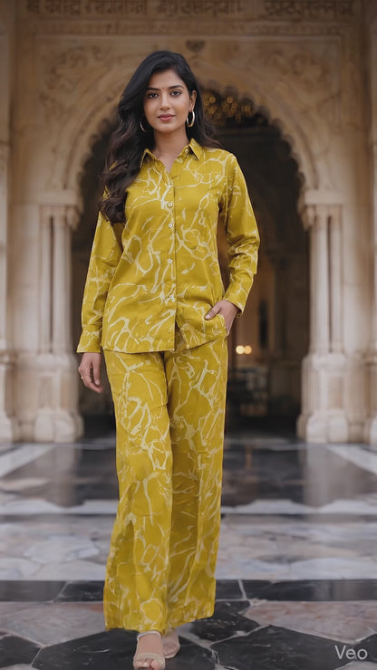 Mustard Yellow Printed Co-ord Set – Shirt & Wide Leg Pants